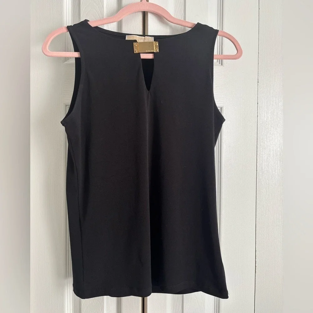 Michael Kors Black Statement Tank Top with Gold Bar Detail | Size Small